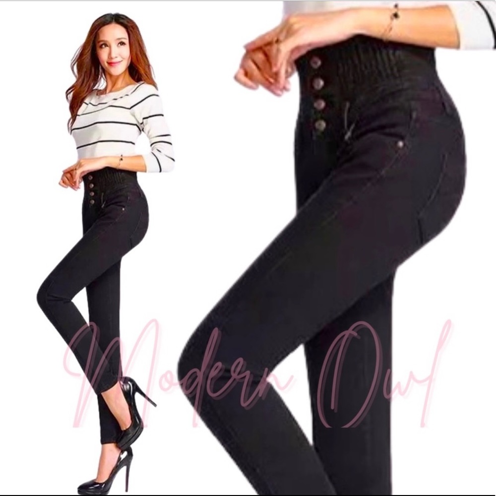 New! Black Denim Super High Waist Button Up Jeans With Stretchy Skinny